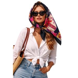 Vintage Silk Scarf 31" Orchard Belle Fruit Label Print Black Floral Square 90s